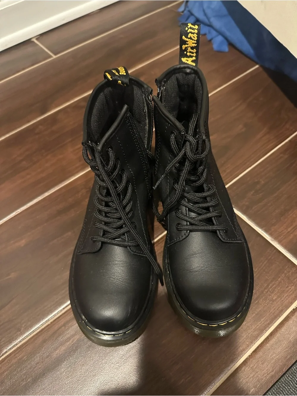 Dr. Martens Kids Black Lace-Up Boots with Yellow Stitching